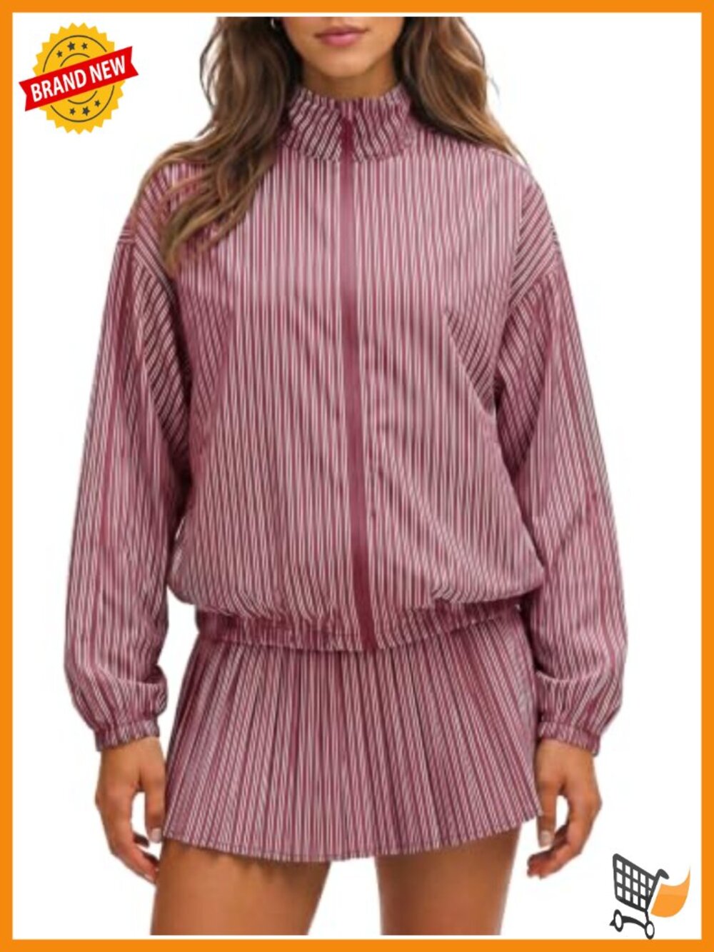 Women's Tennis Skirt Set Striped Zip-Up Jacket Pleated Skirt Polyester Blend